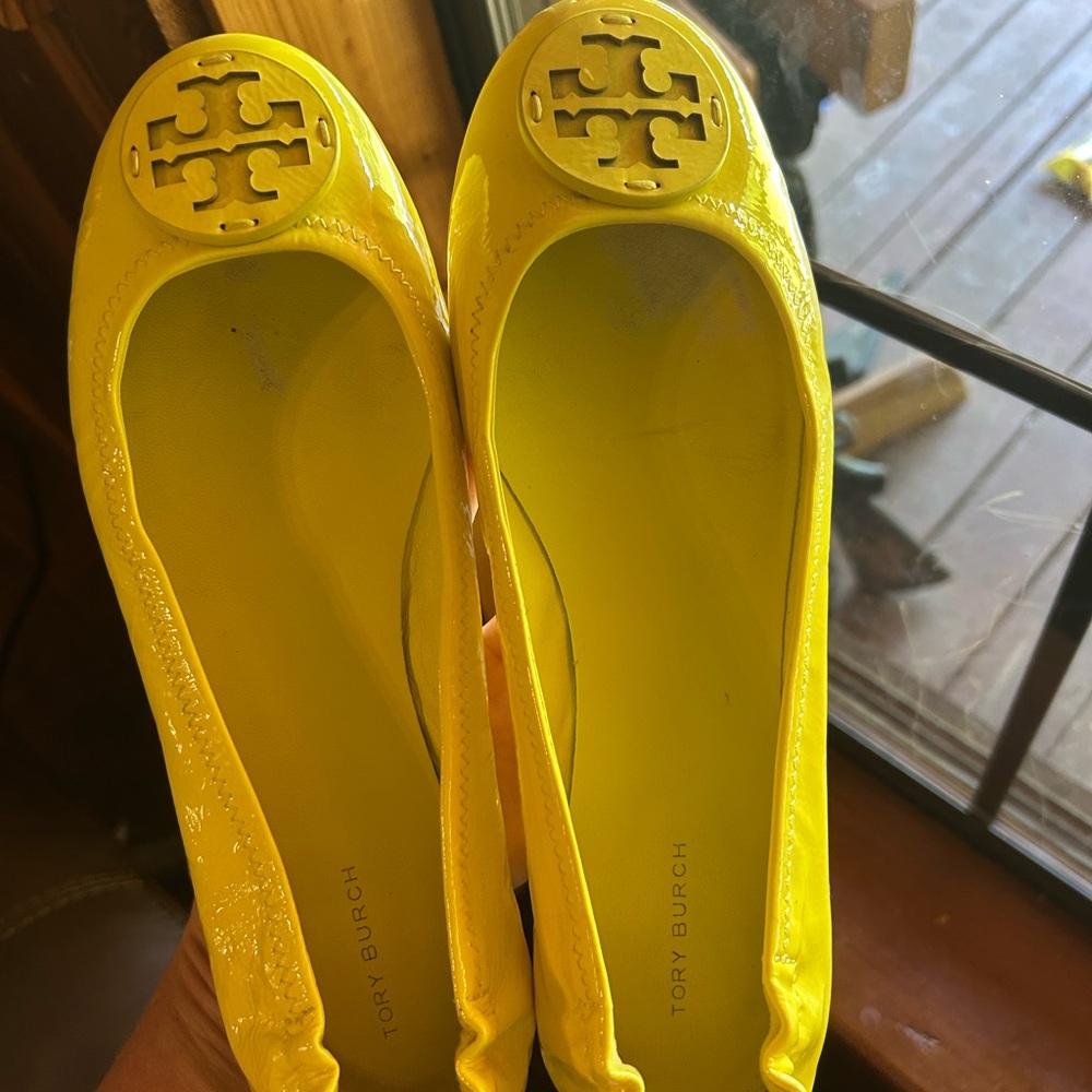 Tory Burch Bright Yellow Patent Reva Flats with Logo